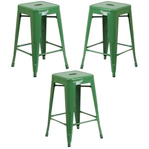 Home Square 24&quot Metal Backless Counter Stool in Green - Set of 3