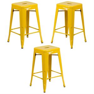 Home Square 24&quot Metal Backless Counter Stool in Yellow - Set of 3