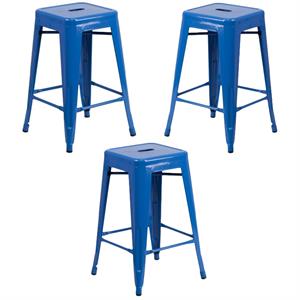 Home Square 24&quot Metal Backless Counter Stool in Blue - Set of 3