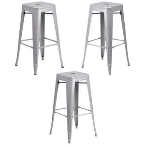Home Square 30&quot Metal Backless Bar Stool in Silver - Set of 3