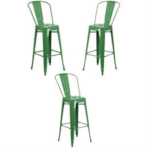 Home Square 30&quot Metal Steel Bar Stool in Green Finish - Set of 3