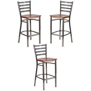 Home Square 29&quot Ladder Back Restaurant Bar Stool in Cherry - Set of 3