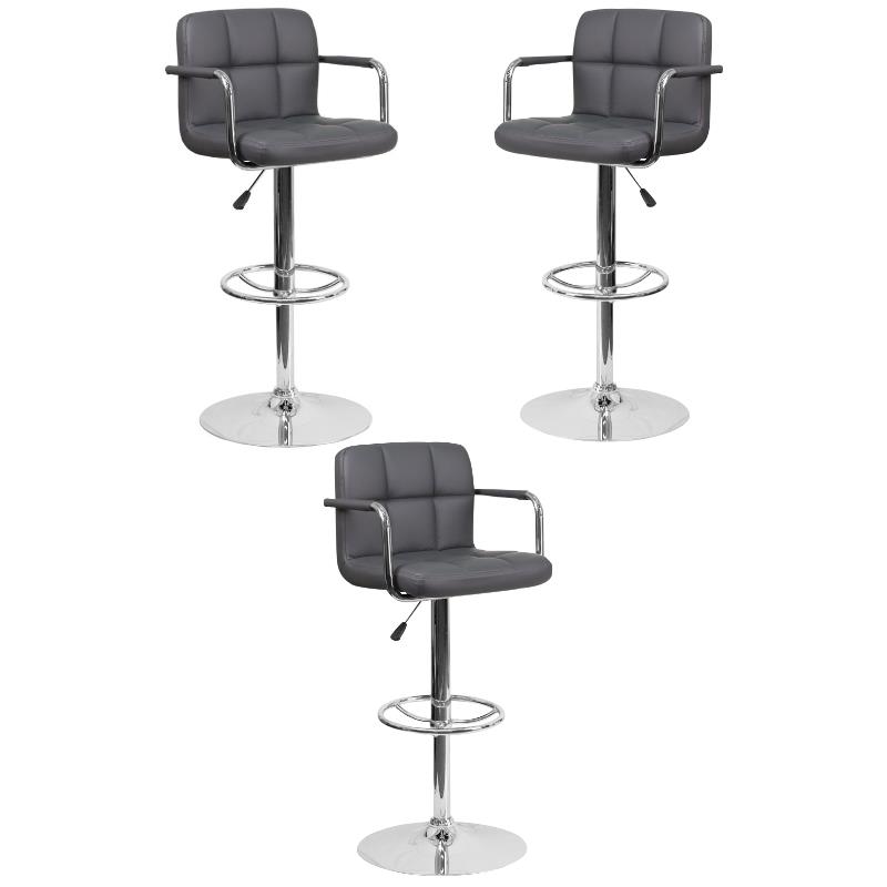 Home Square Faux Leather Quilted Adjustable Bar Stool in Gray - Set of 3