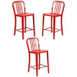 Home Square 24&quot Metal Vertical Slat Back Counter Stool in Red - Set of 3