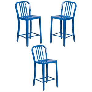 Home Square 24&quot Metal Vertical Slat Back Counter Stool in Blue - Set of 3