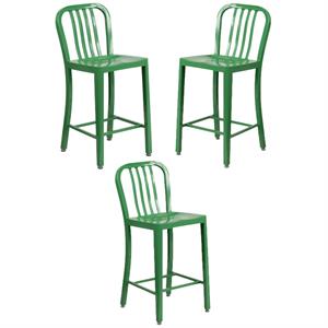 Home Square 24&quot Metal Vertical Slat Back Counter Stool in Green - Set of 3