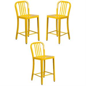 Home Square 24&quot Metal Vertical Slat Back Counter Stool in Yellow - Set of 3