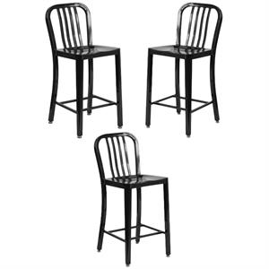 Home Square 24&quot Metal Vertical Slat Back Counter Stool in Black - Set of 3