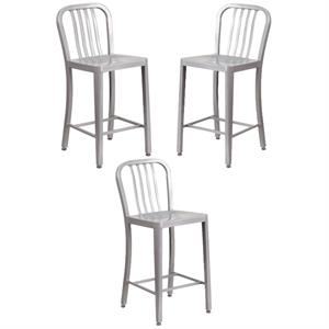 Home Square 24&quot Metal Vertical Slat Back Counter Stool in Silver - Set of 3