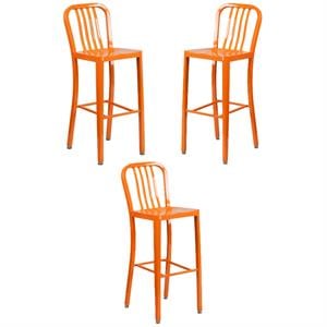 Home Square 30&quot Metal Vertical Slat Back Bar Stool in Orange - Set of 3