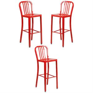 Home Square 30&quot Metal Vertical Slat Back Bar Stool in Red - Set of 3