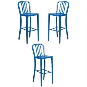 Home Square 30&quot Metal Vertical Slat Back Bar Stool in Blue - Set of 3