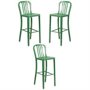 Home Square 30&quot Metal Vertical Slat Back Bar Stool in Green - Set of 3