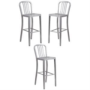 Home Square 30&quot Metal Vertical Slat Back Bar Stool in Silver - Set of 3