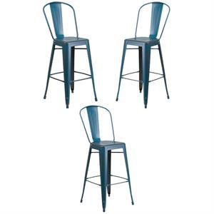 Home Square 30&quot Metal Bar Stool in Distressed Kelly Blue - Set of 3