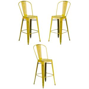 Home Square 30&quot Metal Curved Slat Back Bar Stool in Distressed Yellow - Set of 3