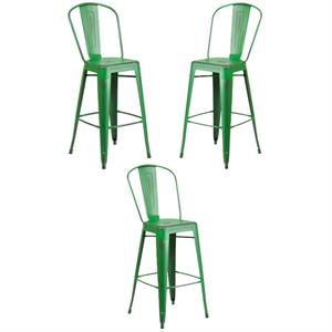 Home Square 30&quot Metal Curved Slat Back Bar Stool in Distressed Green - Set of 3