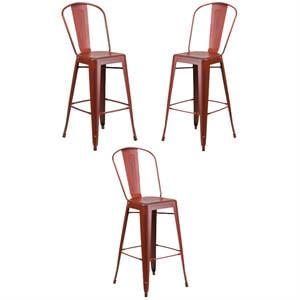 Home Square 30&quot Metal Bar Stool in Distressed Kelly Red - Set of 3