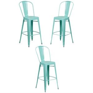Home Square 30&quot Metal Curved Slat Back Bar Stool in Mint Green - Set of 3