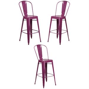 Home Square 30&quot Metal Curved Slat Back Bar Stool in Purple - Set of 3