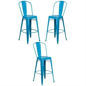 Home Square 30&quot Metal Curved Slat Back Bar Stool in Crystal Blue - Set of 3
