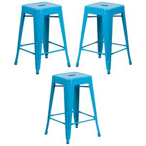 Home Square 24&quot Metal Backless Counter Stool in Crystal Blue - Set of 3
