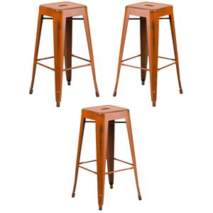 Home Square 30&quot Metal Backless Bar Stool in Distressed Orange - Set of 3