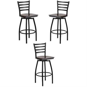 home square metal restaurant bar stool in black and walnut finish - set of 3