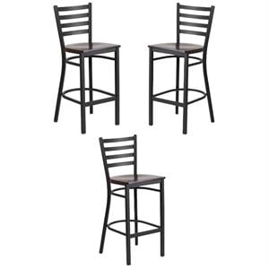 Home Square Metal Restaurant Bar Stool in Black & Walnut - Set of 3
