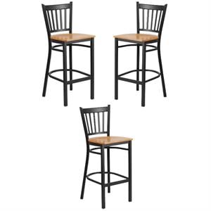 Home Square Metal Restaurant Bar Stool in Black and Natural Finish - Set of 3