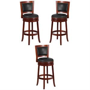 Home Square 31&quot Leather Swivel Bar Stool in Walnut and Cherry - Set of 3