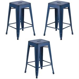 Home Square 24&quot Metal Backless Counter Stool in Distressed Blue - Set of 3