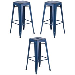 Home Square 30&quot Metal Backless Bar Stool in Distressed Blue - Set of 3