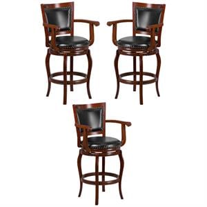 Home Square 30&quot Nailhead Trimmed Wood Bar Stool in Cherry - Set of 3