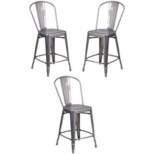 Home Square 24&quot Curved Slat Back Metal Counter Stool in Gray - Set of 3