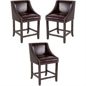 Home Square Carmel 24&quot Leather Counter Stool in Brown and Walnut - Set of 3
