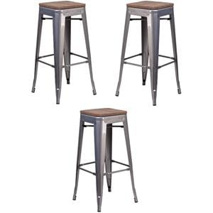 Home Square 31&quot Backless Metal Bar Stool in Gray and Wood Grain - Set of 3