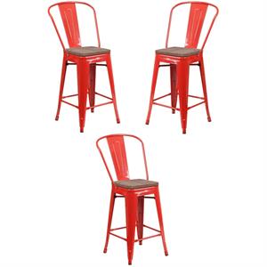 Home Square 24&quot Metal Counter Stool in Red and Wood Grain - Set of 3