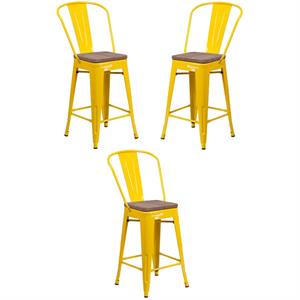 Home Square 24&quot Metal Counter Stool in Yellow and Wood Grain - Set of 3