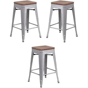 Home Square 24&quot Backless Metal Counter Stool in Silver - Set of 3