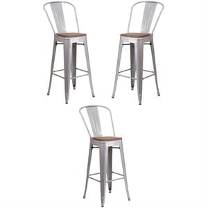 Home Square 30&quot Metal Bar Stool in Silver and Wood Grain - Set of 3
