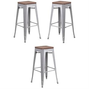 Home Square 30&quot Backless Metal Bar Stool in Silver and Wood Grain - Set of 3