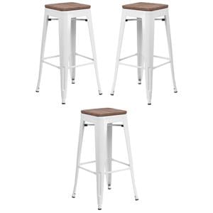 Home Square 30&quot Backless Metal Bar Stool in White and Wood Grain - Set of 3