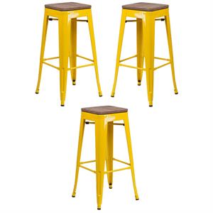 Home Square 30&quot Backless Metal Bar Stool in Yellow and Wood Grain - Set of 3