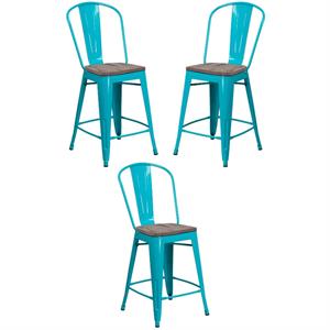 Home Square 24&quot Metal Counter Stool in Crystal Teal and Wood Grain - Set of 3