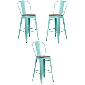 Home Square 30&quot Metal Bar Stool in Mint Green and Wood Grain - Set of 3