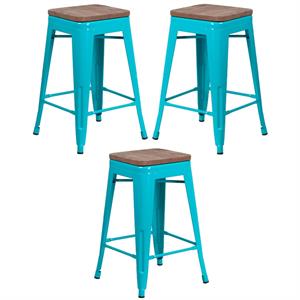 Home Square 24&quot Backless Metal Counter Stool in Crystal Teal - Set of 3