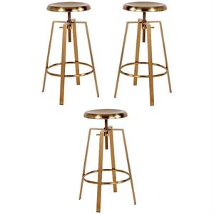 Home Square Toledo Metal Adjustable Bar Stool in Gold - Set of 3