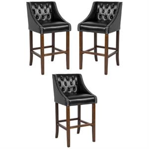 Home Square 30&quot Leather Tufted Bar Stool in Black and Walnut - Set of 3
