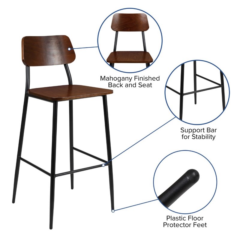 Home Square Rustic Steel Frame Wooden Bar Stool in Mahogany - Set of 3